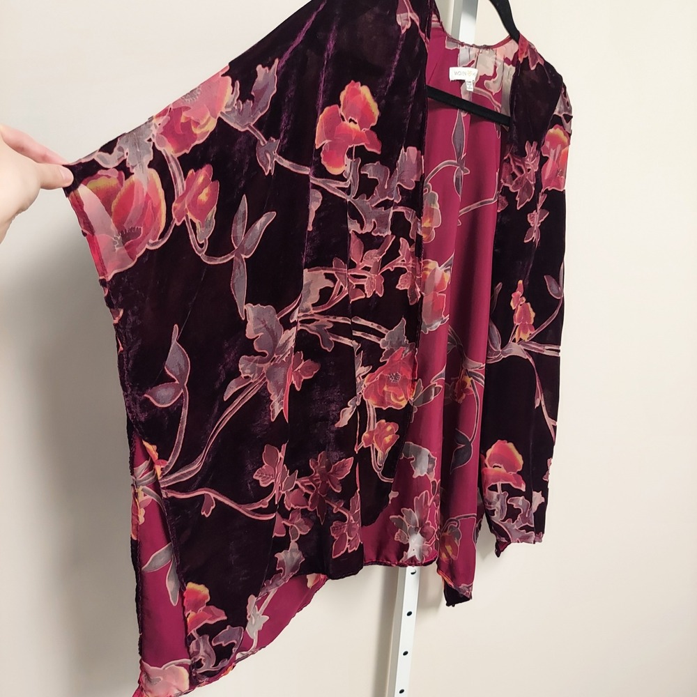 Women Dark Floral Burnout Velvet Kimono Wrap Plum OS Boho Layering Festival